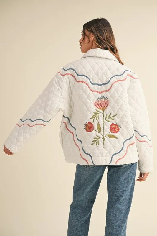 MABLE Floral Multi Color Embroidered Quilted Jacket Off White
