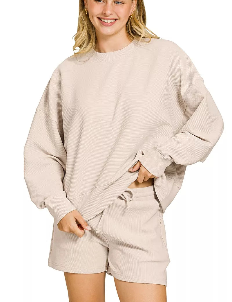 SAND BEIGE Zenana Ribbed Round Neck Pullover and Shorts Set | Loungewear Sets Daverri Fashions