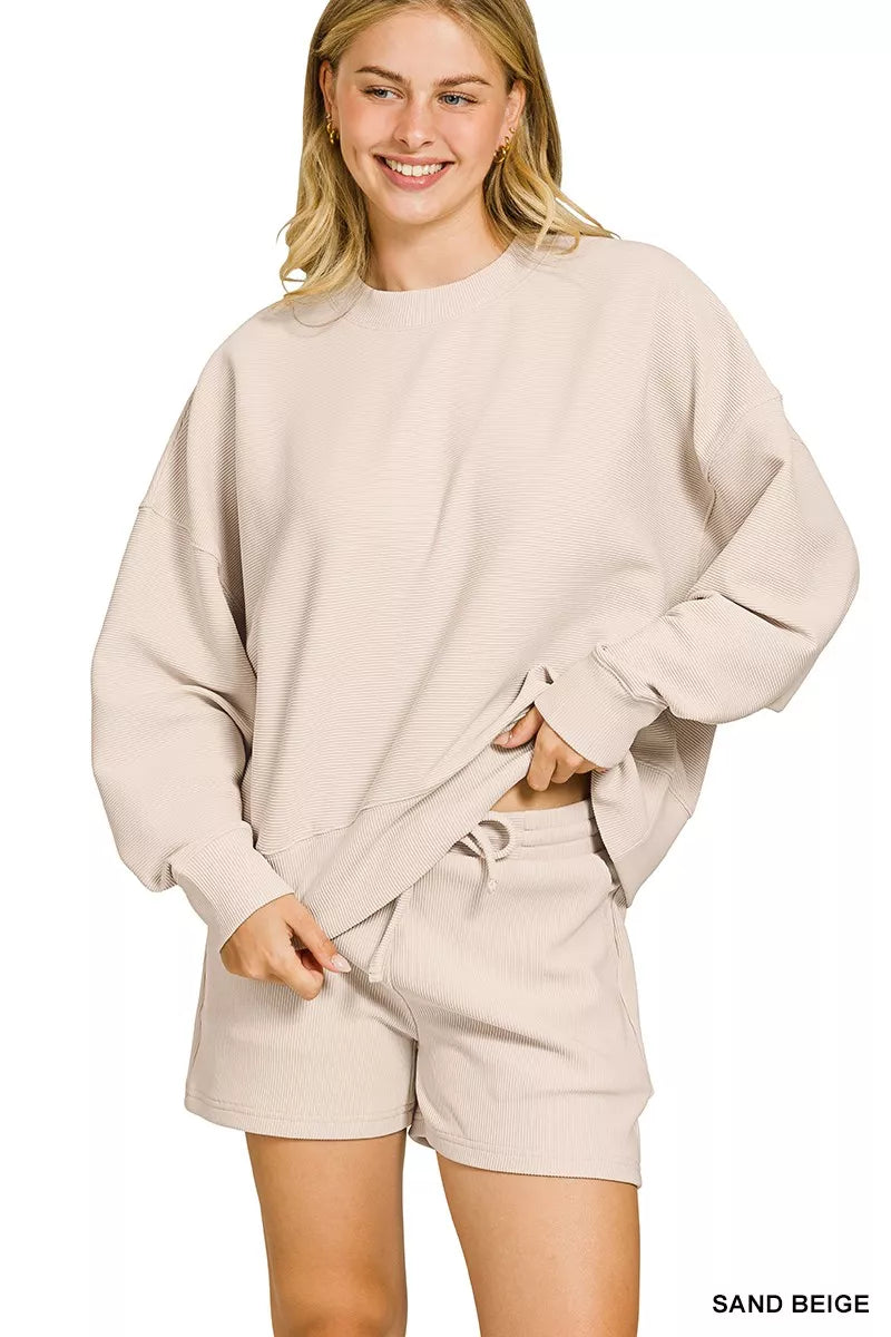 SAND BEIGE Zenana Ribbed Round Neck Pullover and Shorts Set | Loungewear Sets Daverri Fashions