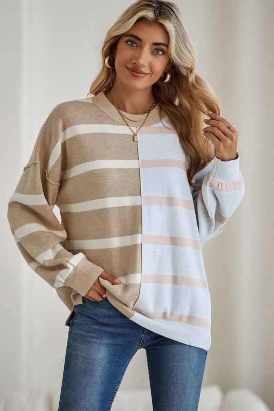 Striped Colorblock Drop Shoulder Sweater Tops