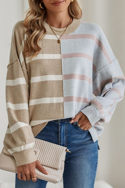 Striped Colorblock Drop Shoulder Sweater Khaki Tops