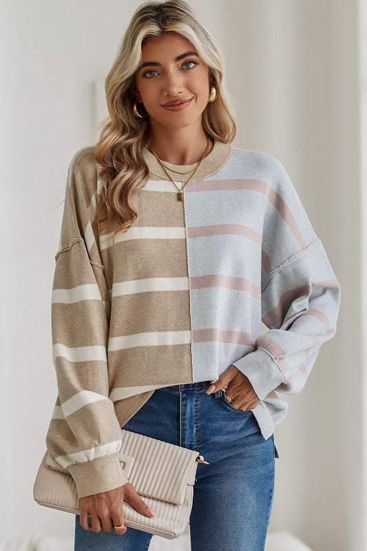 Striped Colorblock Drop Shoulder Sweater Tops