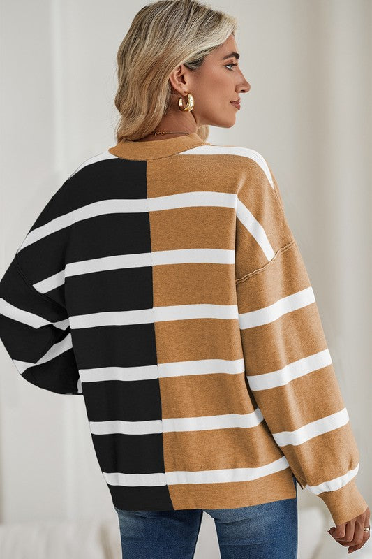 Striped Colorblock Drop Shoulder Sweater Tops