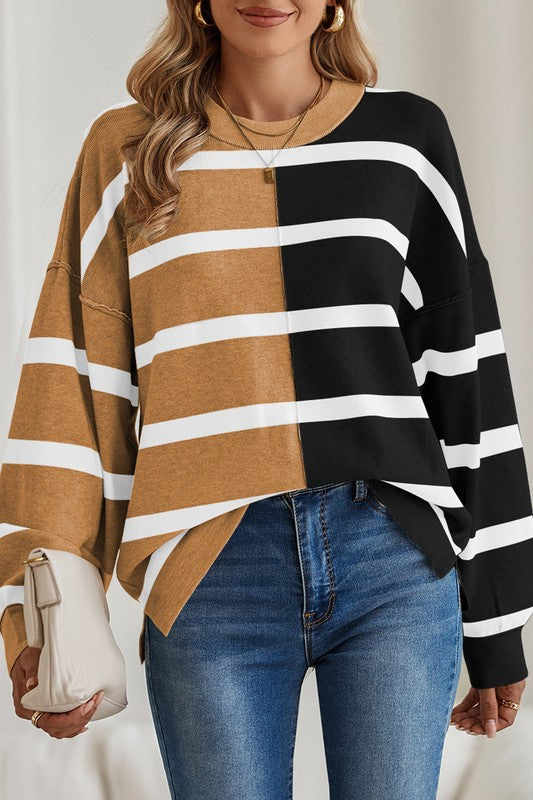 Striped Colorblock Drop Shoulder Sweater Beige Tops