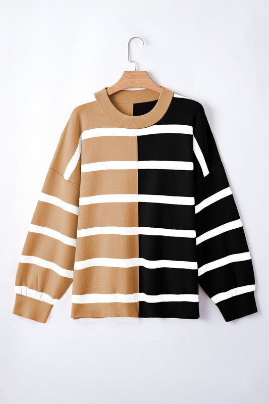 Striped Colorblock Drop Shoulder Sweater Tops