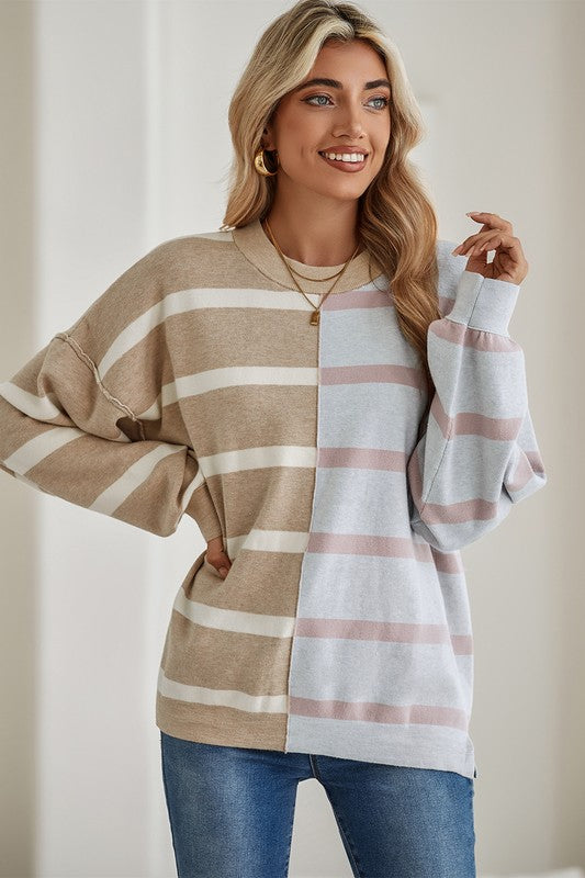 Striped Colorblock Drop Shoulder Sweater Tops