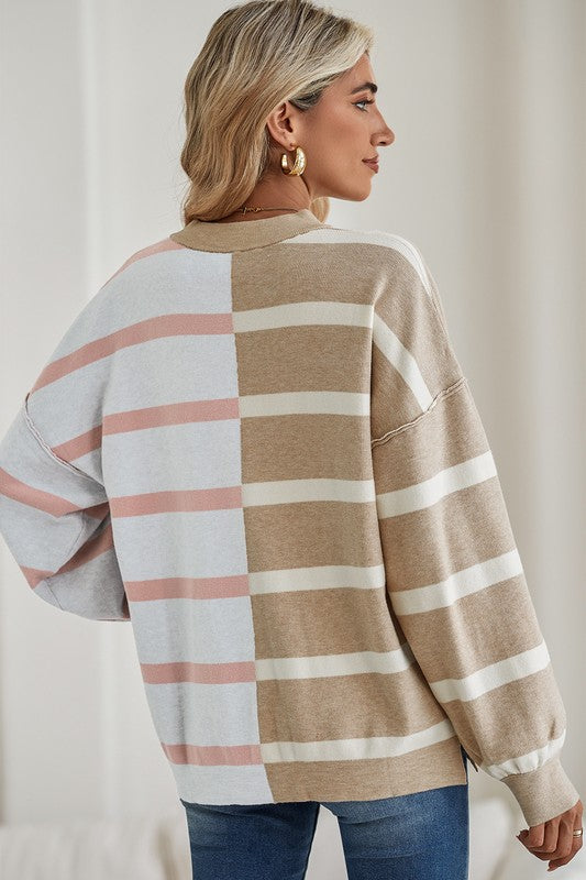 Striped Colorblock Drop Shoulder Sweater Tops