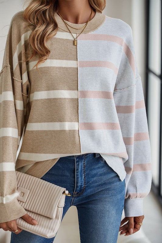 Striped Colorblock Drop Shoulder Sweater Tops