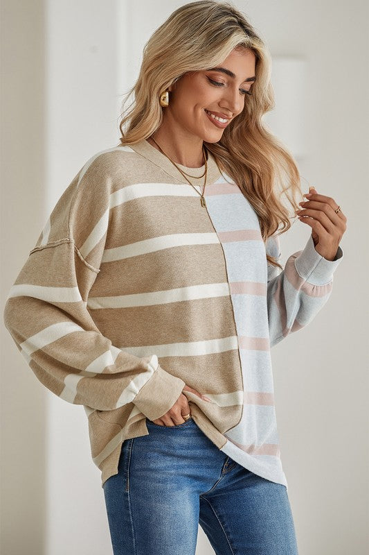 Striped Colorblock Drop Shoulder Sweater Tops