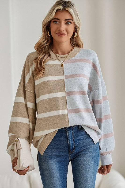 Striped Colorblock Drop Shoulder Sweater Tops