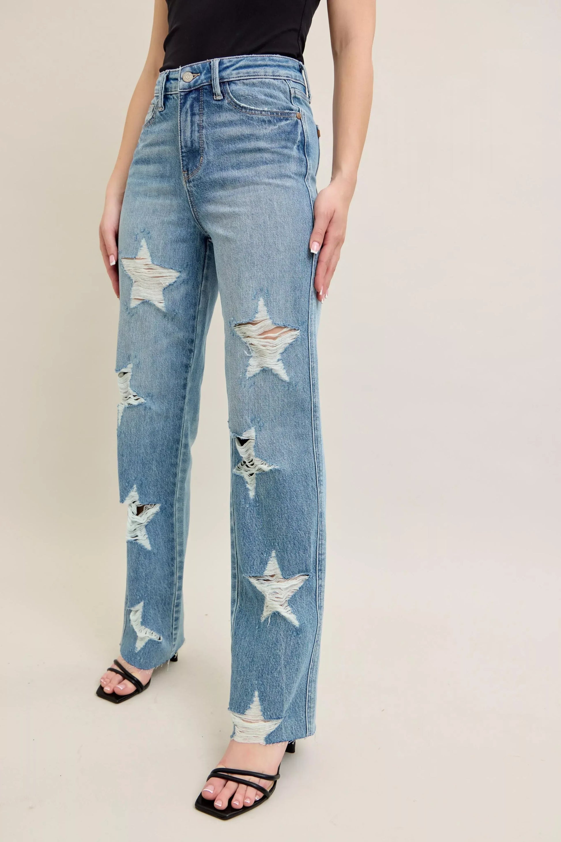 Judy Blue Full Size High Waist Rigid Magic Star Shaped Destroy 90's Straight Jeans Plus Size - DAVERRI FASHIONS