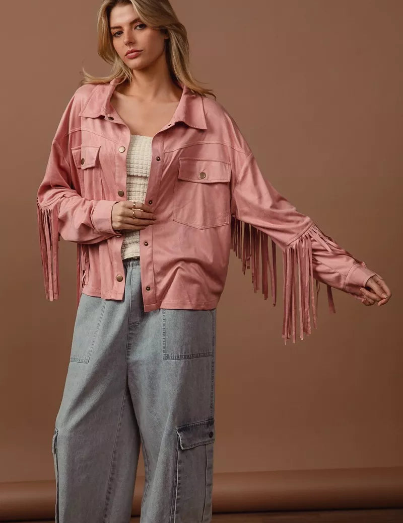BiBi Suede Fringe Long Sleeve Jacket | Jackets Daverri Fashions