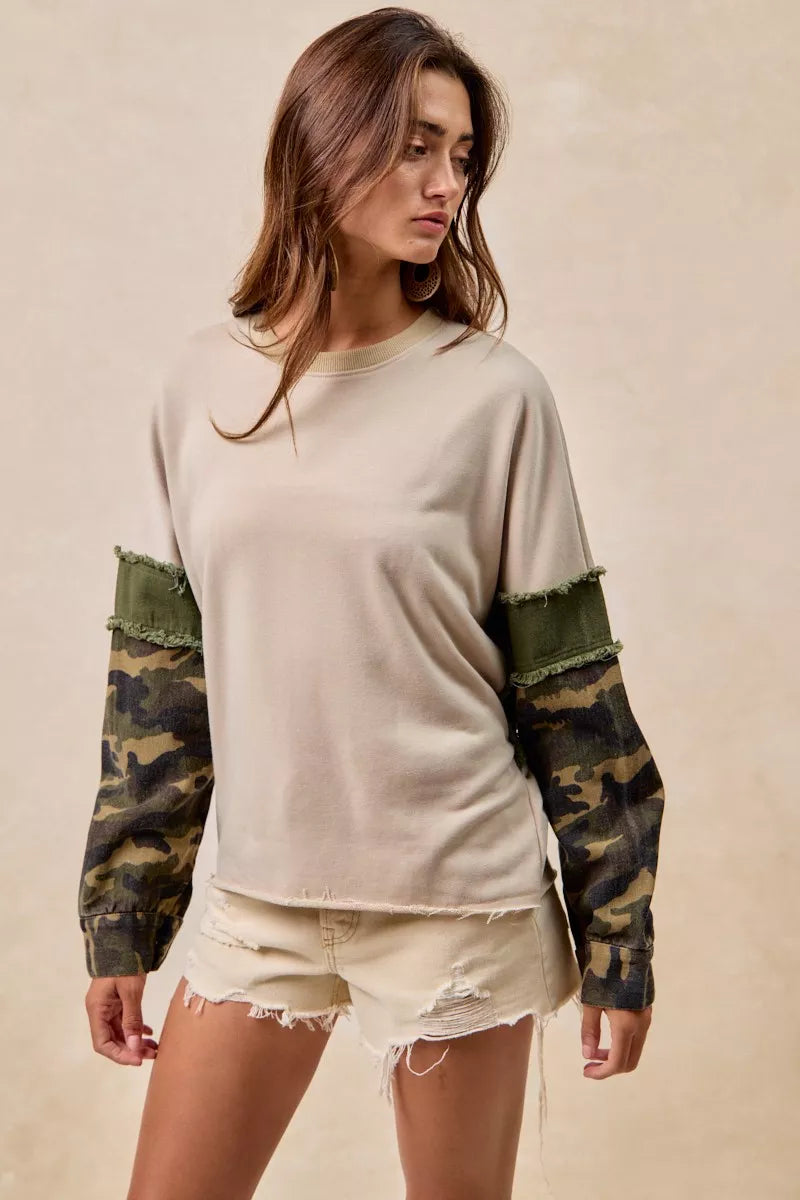 BiBi Camo Sleeve French Terry Top with Frayed Edge | Daverri Fashions