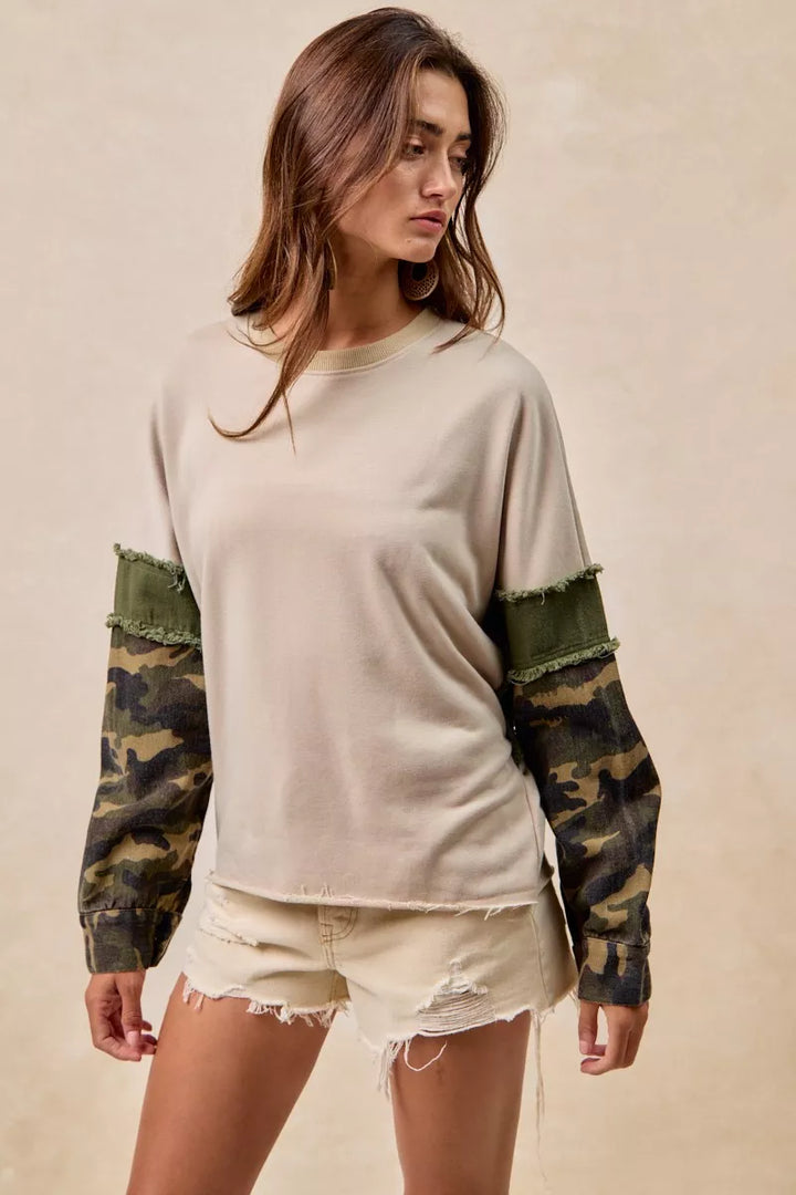 BiBi Camo Sleeve French Terry Top with Frayed Edge | Daverri Fashions