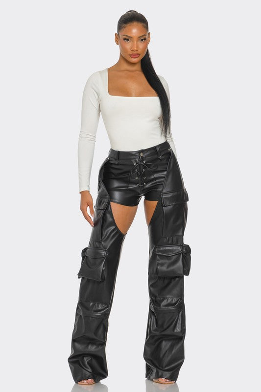 Cut Out Leather Cargo Pants