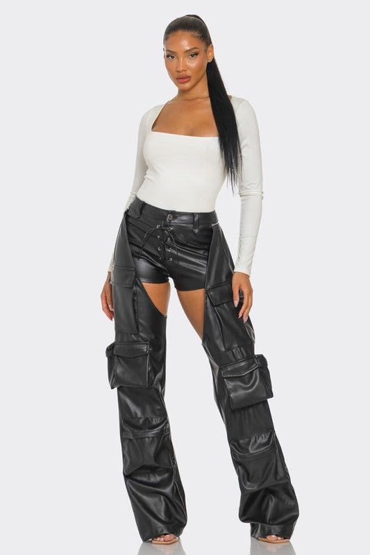 Cut Out Leather Cargo Pants Bottoms