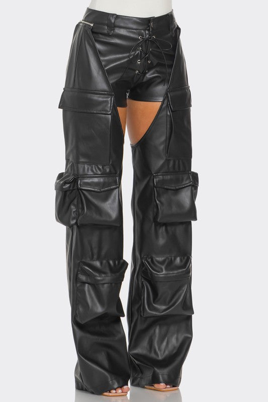 Cut Out Leather Cargo Pants Bottoms