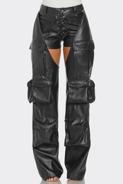 Cut Out Leather Cargo Pants