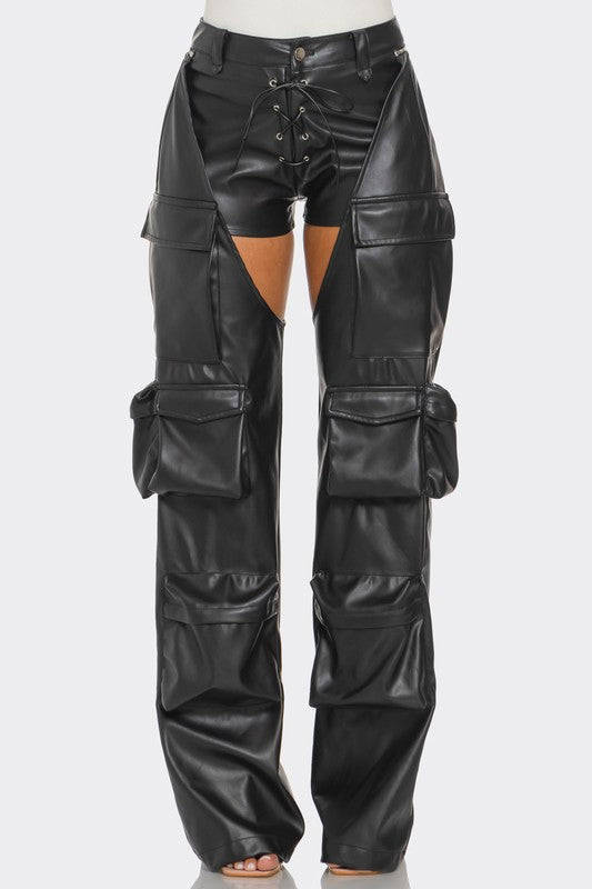 Cut Out Leather Cargo Pants BLACK Cargo Pants