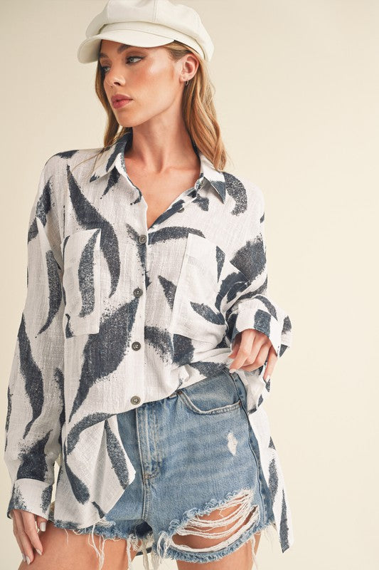 Aemi + Co High-Low Printed Button Up Long Sleeve Shirt White