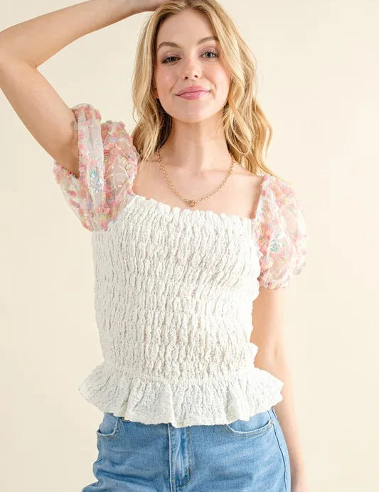 And The Why Embellishment Sleeve Smocked Top | Tops Daverri Fashions