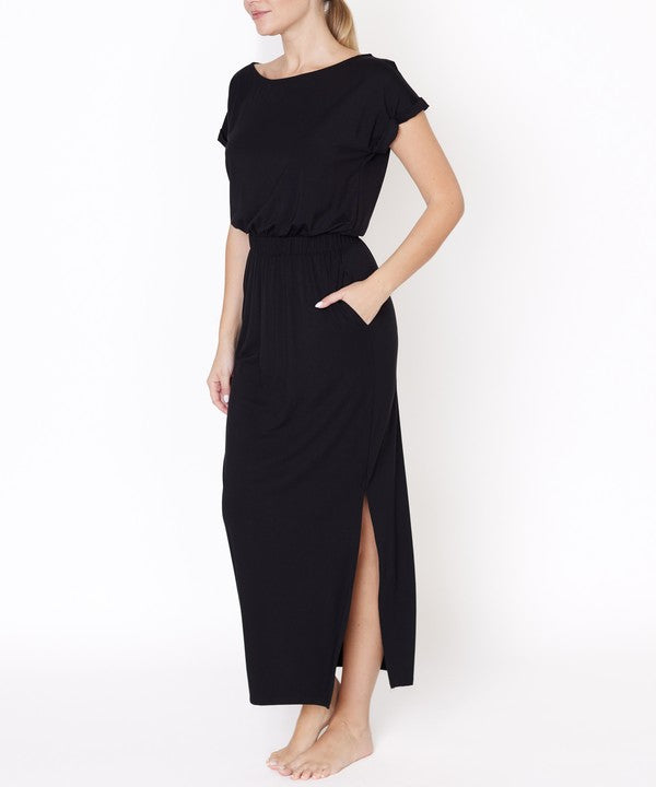 Short Sleeve Side Slit Bamboo Maxi Dress Dresses