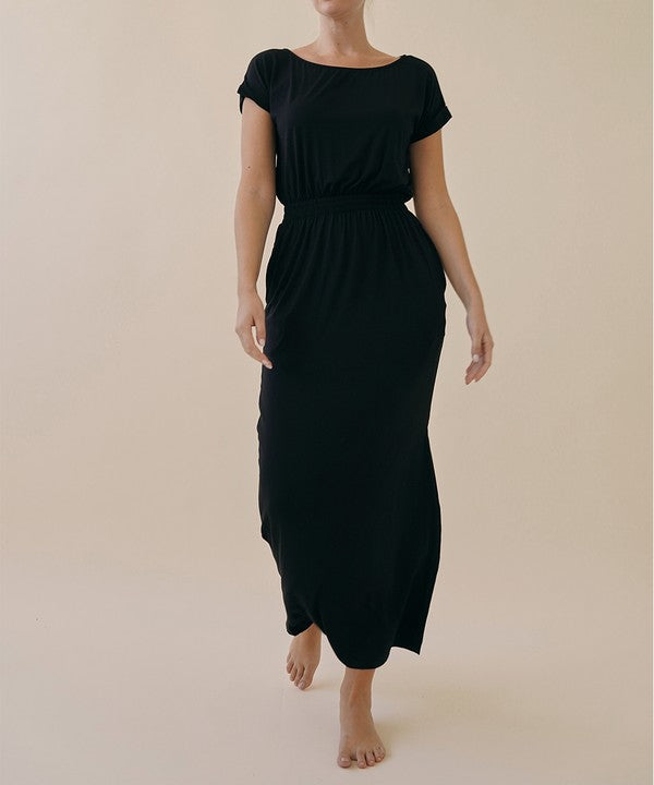 Short Sleeve Side Slit Bamboo Maxi Dress BLACK Dresses