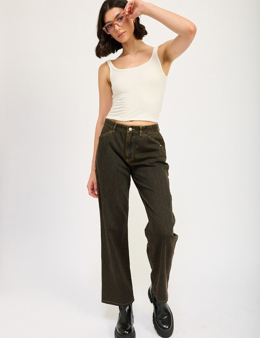 Mid Rise Front Pocket Jeans WASHED BROWN Bottoms