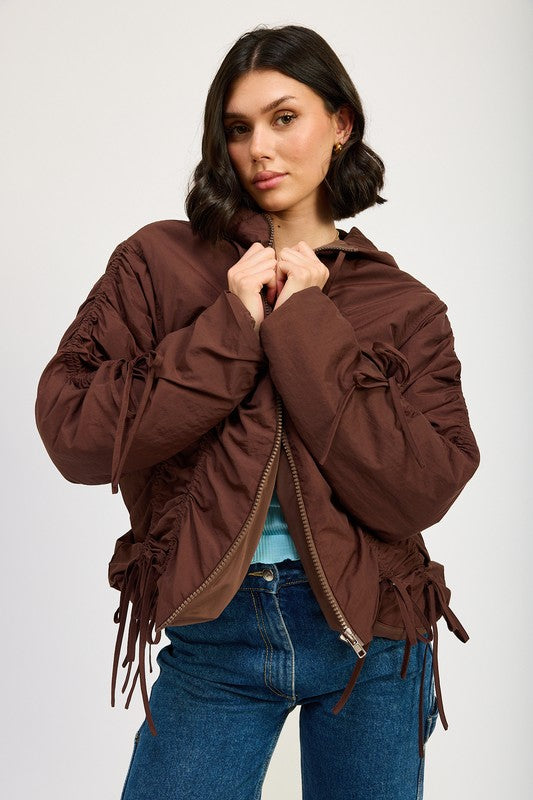 BROWN RUCHED PUFF JACKET | Jackets Daverri Fashions
