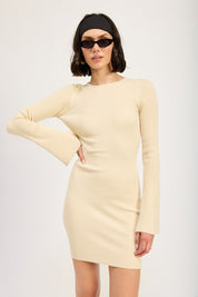 IVORY LONG SLEEVE MINI DRESS WITH BACK CUTOUT | Mini Dresses Daverri Fashions