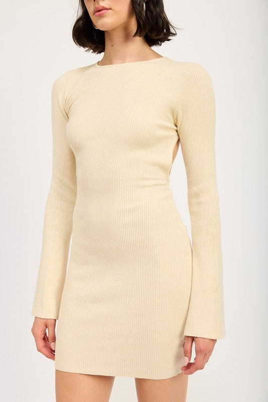 LONG SLEEVE MINI DRESS WITH BACK CUTOUT | Mini Dresses Daverri Fashions