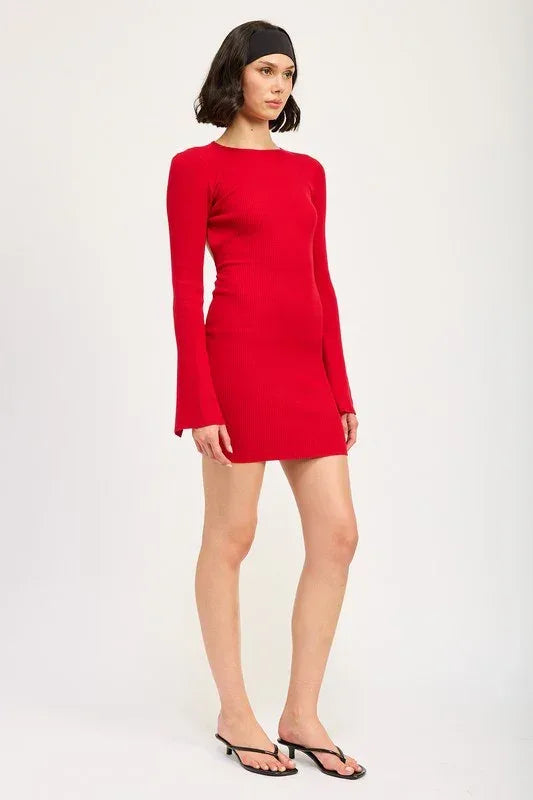 LONG SLEEVE MINI DRESS WITH BACK CUTOUT - DAVERRI FASHIONS