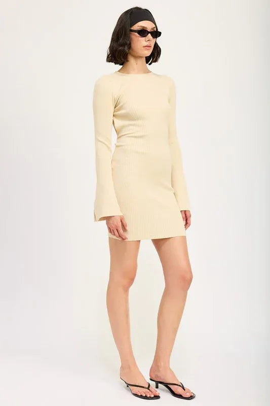 LONG SLEEVE MINI DRESS WITH BACK CUTOUT - DAVERRI FASHIONS