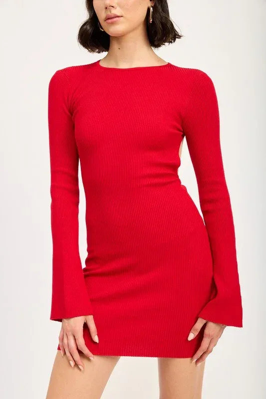 LONG SLEEVE MINI DRESS WITH BACK CUTOUT - DAVERRI FASHIONS