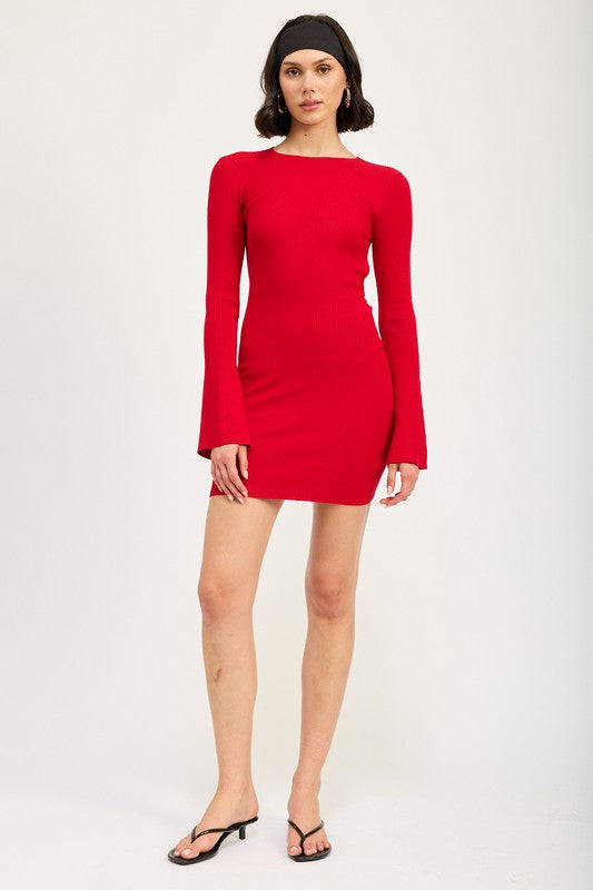 LONG SLEEVE MINI DRESS WITH BACK CUTOUT | Mini Dresses Daverri Fashions