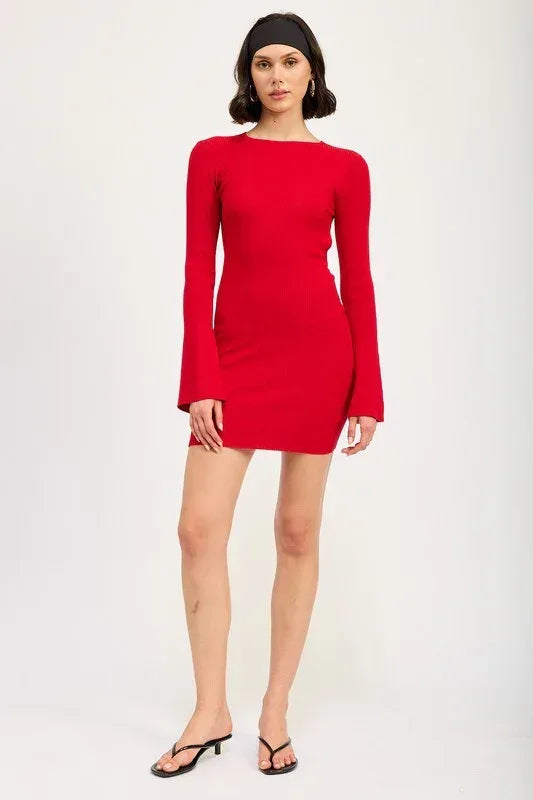 LONG SLEEVE MINI DRESS WITH BACK CUTOUT - DAVERRI FASHIONS