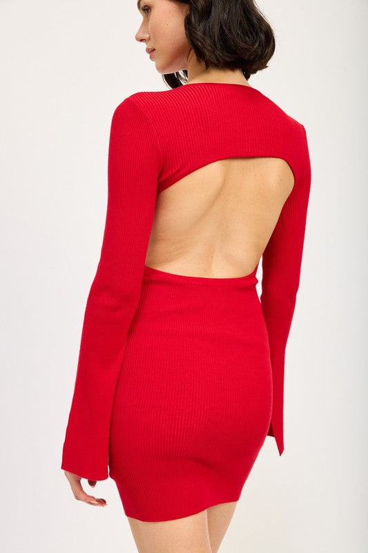 LONG SLEEVE MINI DRESS WITH BACK CUTOUT | Mini Dresses Daverri Fashions