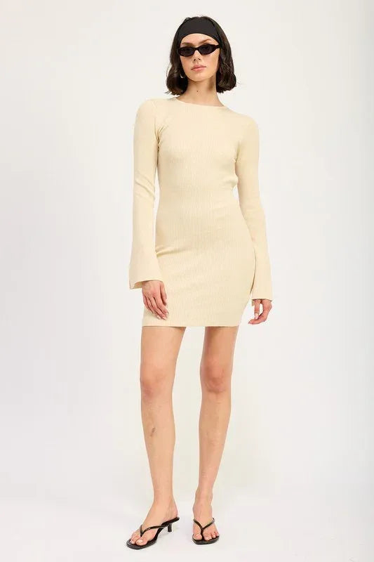 LONG SLEEVE MINI DRESS WITH BACK CUTOUT - DAVERRI FASHIONS