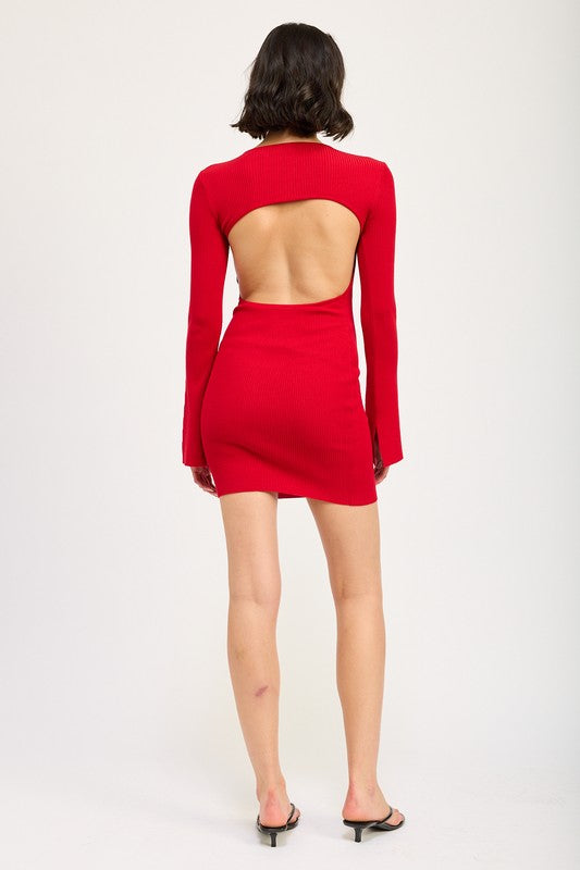 LONG SLEEVE MINI DRESS WITH BACK CUTOUT | Mini Dresses Daverri Fashions
