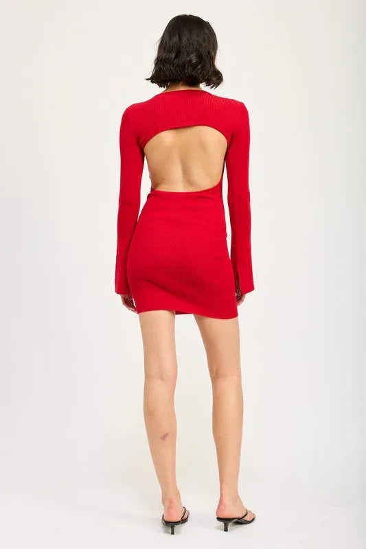 LONG SLEEVE MINI DRESS WITH BACK CUTOUT - DAVERRI FASHIONS