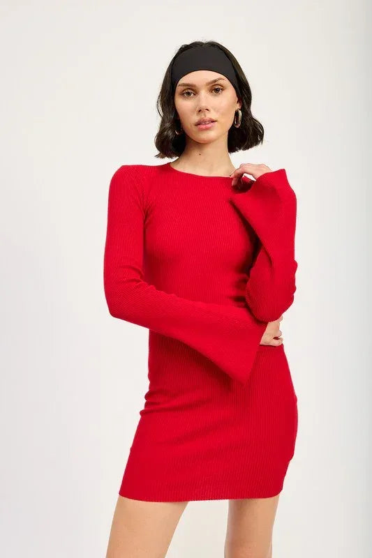 LONG SLEEVE MINI DRESS WITH BACK CUTOUT - DAVERRI FASHIONS