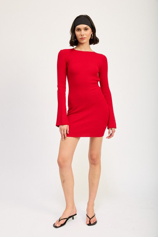 LONG SLEEVE MINI DRESS WITH BACK CUTOUT | Mini Dresses Daverri Fashions