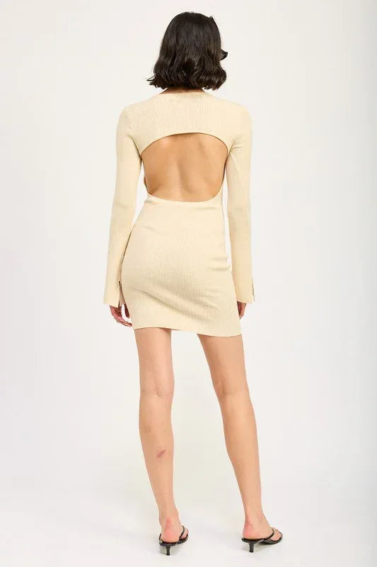 LONG SLEEVE MINI DRESS WITH BACK CUTOUT - DAVERRI FASHIONS