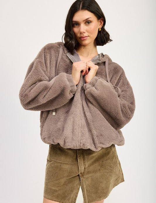 GREY FUZZY HOODED JACKET | Jackets Daverri Fashions