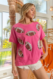 BiBi Game Day Sequins Patched Half Sleeves Top | Tops Daverri Fashions