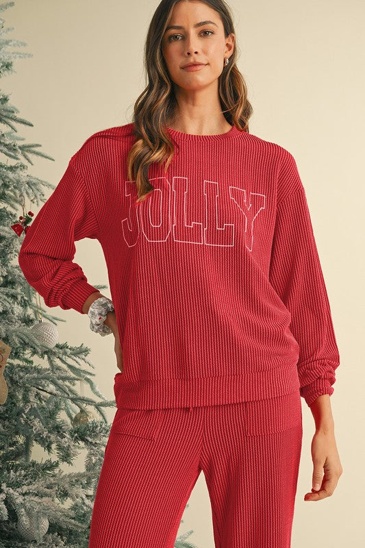 Crinkle Rib JOLLY Pattern Top and Pockets Pants Set | Loungewear Sets Daverri Fashions