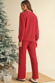 Crinkle Rib JOLLY Pattern Top and Pockets Pants Set | Loungewear Sets Daverri Fashions