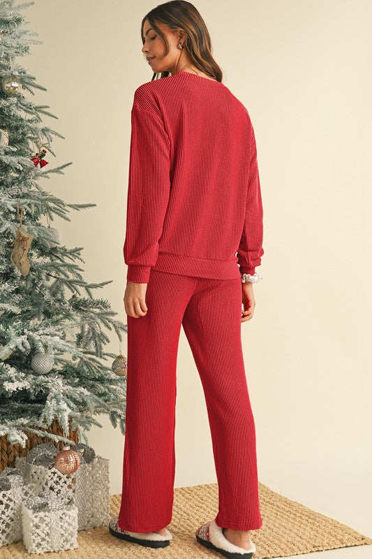 Crinkle Rib JOLLY Pattern Top and Pockets Pants Set | Loungewear Sets Daverri Fashions