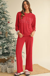 Crinkle Rib JOLLY Pattern Top and Pockets Pants Set | Loungewear Sets Daverri Fashions