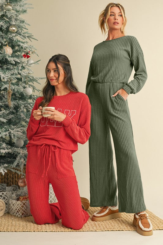 Crinkle Rib JOLLY Pattern Top and Pockets Pants Set | Loungewear Sets Daverri Fashions
